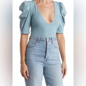 Free People Intimately Sky Blue Deep V Puff Sleeve Bodysuit OB1350167 Medium